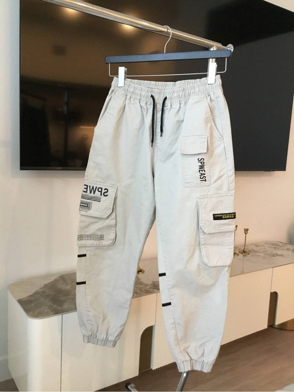 Genderless Society Beige Cargo Pants - Elastic Waist Drawstring, Size S
